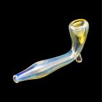 Glass cannabis pipe with iridescent yellow and blue swirls against a black background.