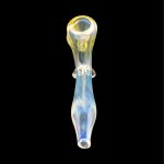 Glass pipe with blue and yellow swirls, isolated on a black background.