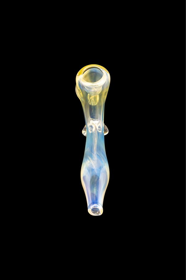 Glass pipe with blue and yellow swirls, isolated on a black background.