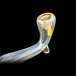 Glass cannabis pipe with blue and yellow swirls against a black background.
