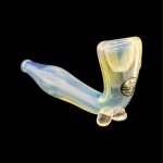 Iridescent glass cannabis pipe on a black background.