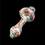 Hand-blown glass cannabis pipe with colorful swirls.