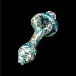 Hand-blown glass pipe with teal and gold swirls, isolated on a black background.