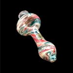 Colorful glass cannabis pipe against a black background.