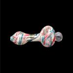 Hand-blown glass pipe with red, white, and green swirl pattern.