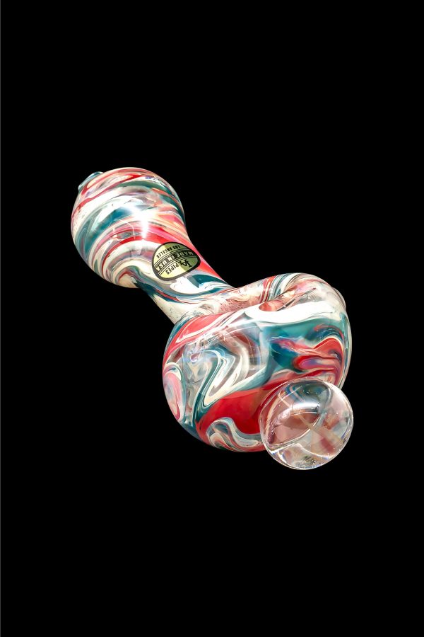 Colorful glass water pipe against a black background.