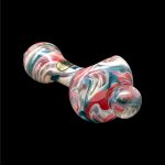 Colorful glass bubbler pipe against a black background.