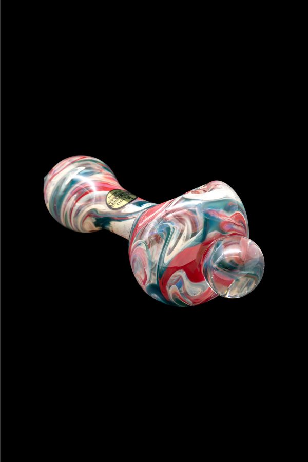 Colorful glass bubbler pipe against a black background.