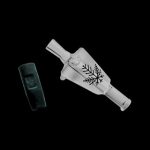 Glass bubbler with snowflake design and cannabis lighter on black background.
