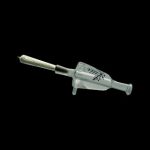 Clear glass syringe-shaped bubbler with a jointed cannabis cigarette inserted, isolated on black.