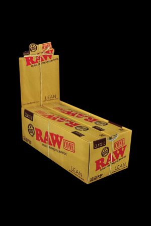 Front view of a pack of RAW Classic Lean Cones, showing the box design and visible count of 12 cones inside.