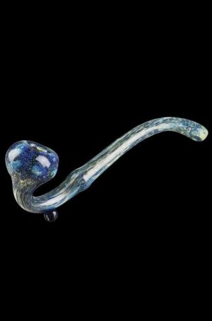 Hand-blown glass cannabis pipe with blue and gold galaxy-inspired swirls.