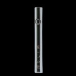 Sleek, silver cannabis oil vape pen against a black background.
