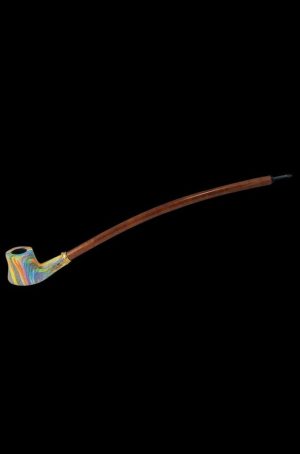 A side view of the Tobacco Pipe - Wood Rainbow with a textured, wooden finish and curved stem.