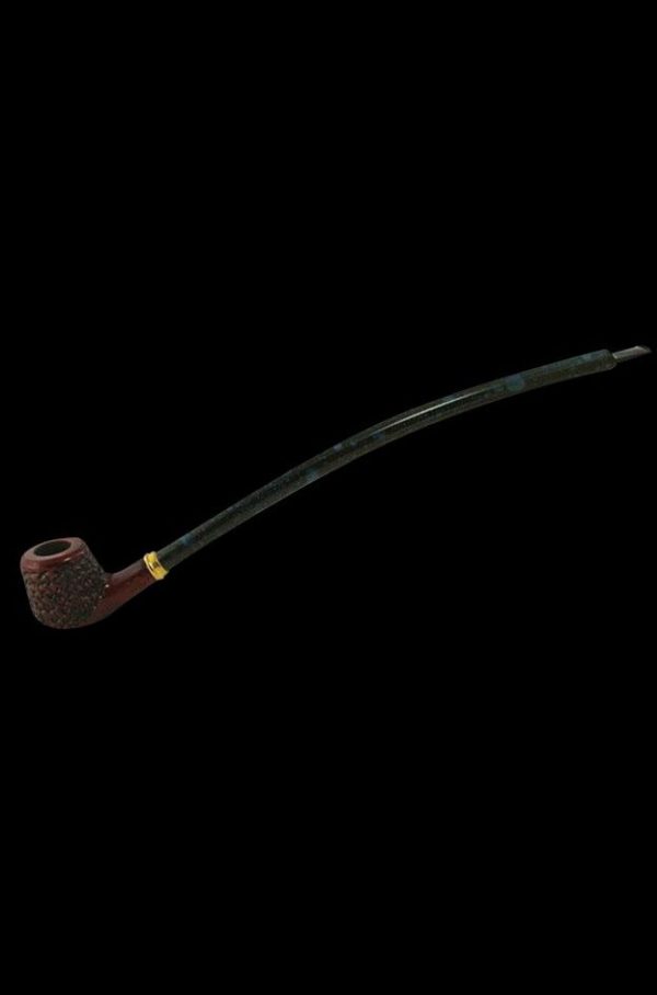 A side view of the Sherlock - Engraved Cherry Wood pipe shows its dark, polished wood and curved design.