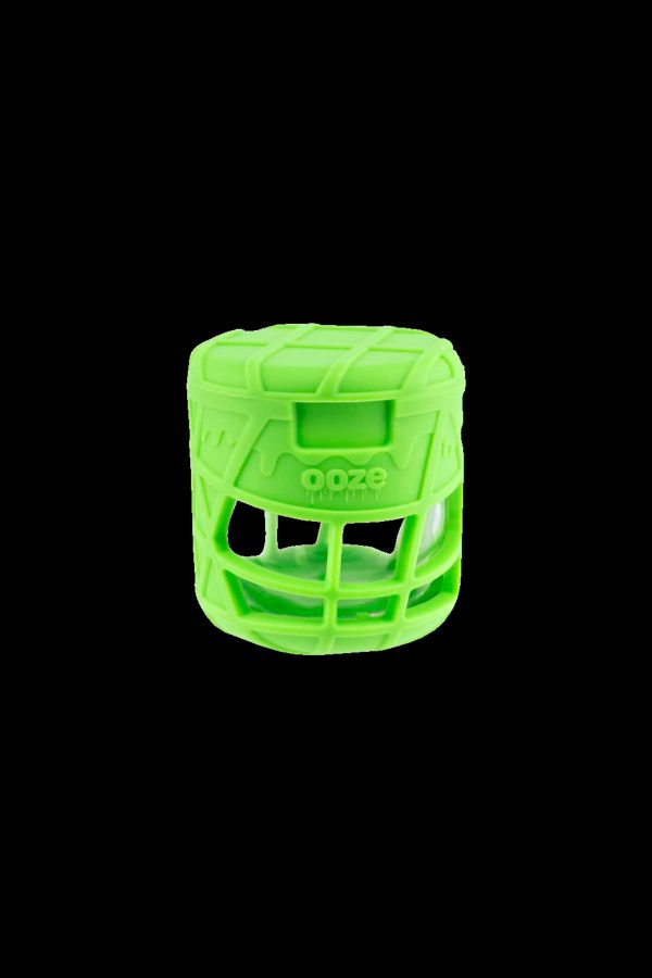 Bright green silicone protective case for a cannabis concentrate vaporizer, branded "ooze."