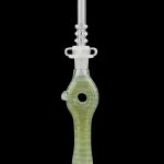 Green glass dab rig with a detailed design and spherical collection chamber.