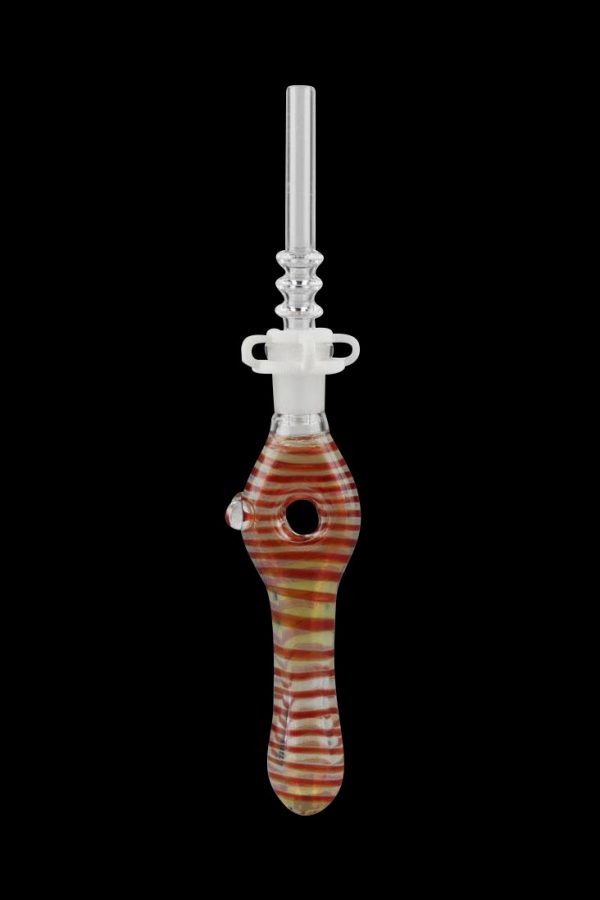 Red and cream striped glass oil rig with a cylindrical mouthpiece.