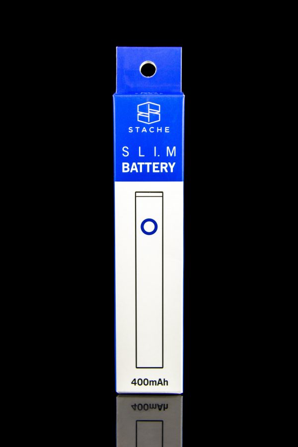 Blue and white “Stache” slim battery for cannabis vape cartridges, displaying “400mAh” capacity.