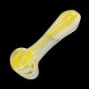 A side view of the Small Striped Glass Spoon Pipe, showing its curved shape and colorful striped glass design.