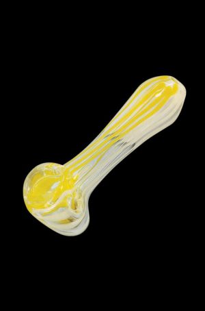 A side view of the Small Striped Glass Spoon Pipe, showing its curved shape and colorful striped glass design.