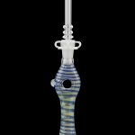 Blue and yellow striped glass oil rig for cannabis concentrate vaporization.