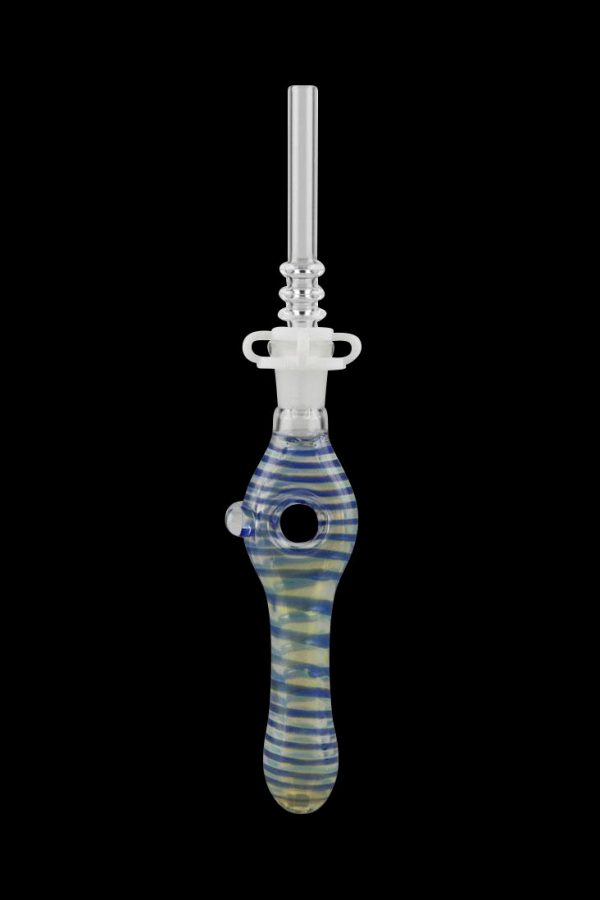 Blue and yellow striped glass oil rig for cannabis concentrate vaporization.