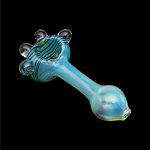 Hand-blown glass pipe with blue and green swirls, isolated on a black background.