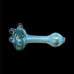 Blue glass pipe with swirling green and white accents, isolated on a black background.
