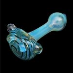 Hand-blown glass pipe with swirling blue and teal patterns against a black background.