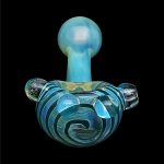 Blue glass cannabis oil rig with swirling patterns.