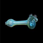 Hand-blown glass pipe with teal and blue swirls.