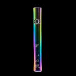 Iridescent cannabis oil vape pen against a black background.
