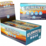 Front view of the Elements Ultra Thin 1 1/4" Rice Rolling Papers - 20 Pack, showing a colorful package with branding details.