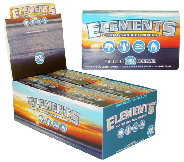 Front view of the Elements Ultra Thin 1 1/4" Rice Rolling Papers - 20 Pack, showing a colorful package with branding details.