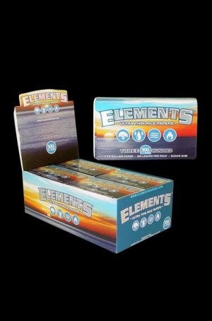 Elements Ultra Thin 1 1/4" Rice Rolling Papers – 20 Pack displayed in a close-up, angled shot of its branded packaging.