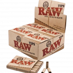 A stack of RAW Pre-Rolled Tips (21 Tips Per Pack) displayed against a simple white background, showcasing the branded packaging.