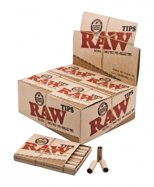 A stack of RAW Pre-Rolled Tips (21 Tips Per Pack) displayed against a simple white background, showcasing the branded packaging.
