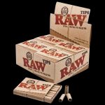 A close-up of a pack of RAW Pre-Rolled Tips (21 Tips Per Pack) - 20 Pack, with the tips visible inside the open packaging.