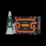 A retro-styled cannabis water pipe and packaging, featuring a clear, conical “spaceship” piece with a teal-colored interior, set against a vibrant orange and brown box with psychedelic designs.