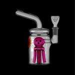 Clear glass water pipe with a pink, multi-limbed figure encased within.