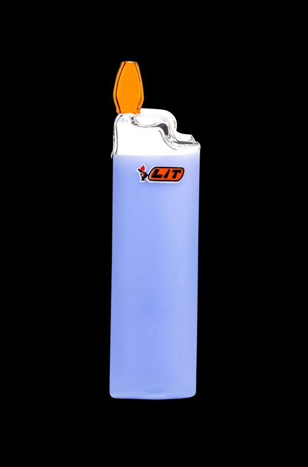 Blue lighter with flame, branded with “LIT”.