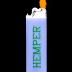 Blue Hemper lighter with orange flame.