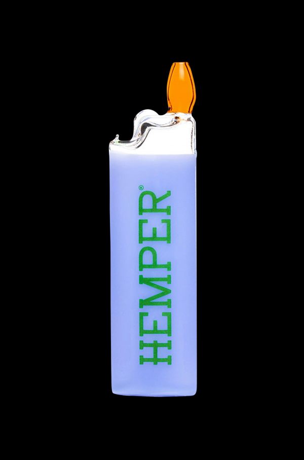 Blue Hemper lighter with orange flame.