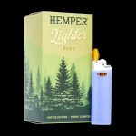 A limited edition “Hemper” lighter pipe box featuring a forest scene, alongside a clear Bic lighter.