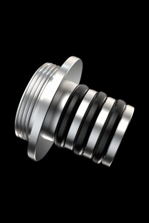 A close-up angled view of the G Pen Connect Metal Connector, showcasing its sleek, metallic construction and threaded design.