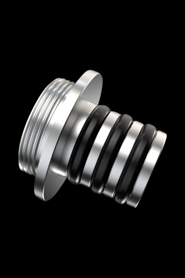 A close-up angled view of the G Pen Connect Metal Connector, showcasing its sleek, metallic construction and threaded design.