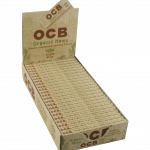 A close-up, angled view of OCB Organic Hemp Rolling Papers - Single Wide, showcasing the green packaging and branding.