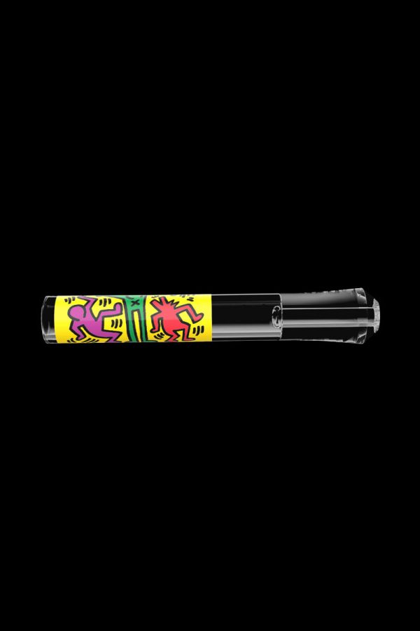 A straight-on view of the K.Haring Taster Chillum Pipe, featuring bold, graphic designs on a dark background.
