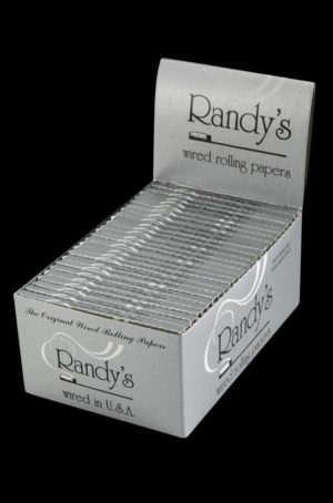 A slightly angled, close-up view of a 25-pack of Randy's Original Wired Rolling Papers, displaying the stacked papers within its branded packaging.